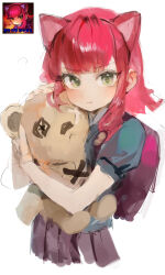  1girl absurdres animal_ears annie_(league_of_legends) backpack bag blush cat_ears child closed_mouth fake_animal_ears frown green_eyes highres hugging_doll hugging_object league_of_legends medium_hair pleated_skirt puffy_short_sleeves puffy_sleeves red_bag red_hair short_sleeves simple_background skirt solo stuffed_animal stuffed_toy teddy_bear tibbers white_background yonchan 