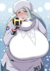  1girl aqua_hair blue_eyes breasts clothing_request cowboy_shot creatures_(company) forehead game_freak gigantic_breasts gloves gym_uniform hand_on_hip holding holding_poke_ball kurohardt leaning_forward lipstick long_hair looking_at_viewer makeup melony_(pokemon) mature_female nintendo pants parted_lips poke_ball pokemon pokemon_(game) pokemon_swsh snow snowflake_print snowing solo thick_thighs thighs ultra_ball very_long_hair watch white_headwear wide_hips winter_clothes 