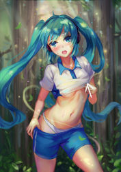 1girl absurdres aqua_eyes aqua_hair atdan bad_id bad_pixiv_id blush breasts clothes_lift clothes_pull crop_top gym_uniform hatsune_miku headphones highres lifted_by_self long_hair looking_at_viewer navel open_mouth panties revision shirt_lift shorts shorts_pull small_breasts solo sweat twintails underboob underwear very_long_hair vocaloid white_panties rating:Sensitive score:61 user:danbooru