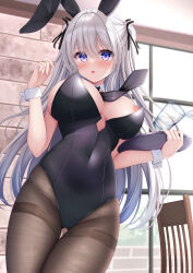  1girl absurdres animal_ears areola_slip black_leotard black_pantyhose blush bow bowtie breasts covered_navel detached_collar fake_animal_ears glass grey_hair hair_ornament hanonokusa highleg highleg_leotard highres holding holding_tray indoors large_breasts leotard long_hair looking_at_viewer open_mouth original pantyhose playboy_bunny purple_eyes rabbit_ears solo strapless strapless_leotard thighband_pantyhose traditional_bowtie tray twintails wrist_cuffs 