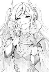  1girl breasts bridal_gauntlets cape corruption dark_persona empty_eyes evil_smile fire_emblem fire_emblem_awakening fire_emblem_heroes grima_(fire_emblem) jewelry long_hair looking_at_viewer medium_breasts monochrome nintendo official_alternate_costume parted_lips ring robin_(female)_(fell_tactician)_(fire_emblem) robin_(female)_(fire_emblem) robin_(fire_emblem) simple_background smile solo ten_(tenchan_man) twintails upper_body white_background 