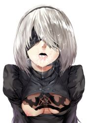  1girl black_dress blindfold breasts breasts_apart cleavage cum cum_in_mouth cum_on_clothes cum_on_hair dress facial facing_viewer hairband hews lips mole mole_under_mouth nier_(series) nier:automata nipples one_breast_out oral penis pov short_hair silver_hair small_breasts solo upper_body 2b_(nier:automata)  rating:Explicit score:219 user:danbooru