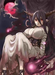 1girl 4410_(kanimiso) antenna_hair bandages black_hair breasts cleavage danua dress fire gloves granblue_fantasy highres horn_ornament horns long_hair moon pointy_ears red_eyes sandals torn_clothes rating:General score:17 user:danbooru
