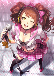  1girl black_bra bow bra breasts brown_hair choker cleavage from_above full_body gloves hair_bow hand_on_own_hip headphones kujikawa_rise long_hair looking_at_viewer md5_mismatch medium_breasts microphone microphone_stand midriff nekorin_(nekoforest) one_eye_closed open_mouth persona persona_4 persona_4:_dancing_all_night persona_dancing perspective resolution_mismatch single_glove skirt smile solo source_smaller standing suspenders thighhighs twintails underwear yellow_eyes  rating:Sensitive score:57 user:danbooru