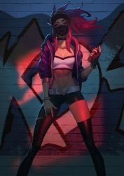  1girl abs akali artist_name baseball_cap blue_eyes bracelet breasts c_home can choker cleavage commentary cropped_jacket dated floating_hair hat highres holding holding_can jacket jewelry k/da_(league_of_legends) k/da_akali league_of_legends legs_apart long_hair looking_at_viewer mask md5_mismatch mouth_mask navel official_alternate_costume open_clothes open_jacket purple_jacket red_hair shiny_skin sidelocks single_thighhigh solo spray_can standing thighhighs  rating:Sensitive score:27 user:danbooru