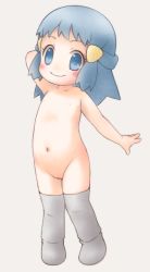  1girl arm_behind_head blue_eyes blue_hair blush_stickers boots closed_mouth collarbone commentary_request creatures_(company) dawn_(pokemon) eyelashes female_focus flat_chest full_body game_freak hair_ornament hairclip kabisuke loli long_hair naked_boots navel nintendo nipples nude pigeon-toed pokemon pokemon_(anime) pokemon_dppt_(anime) sidelocks smile solo standing thigh_boots thighhighs 