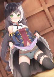 1girl animal_ear_fluff animal_ears bare_shoulders black_hair black_ribbon black_thighhighs blue_shirt blurry blush breasts bridal_garter brooch closed_mouth clothes_lift commentary_request depth_of_field detached_sleeves dutch_angle frilled_sleeves frills green_eyes groin highres jewelry karyl_(princess_connect!) kneeling lifting_own_clothes long_hair long_sleeves looking_at_viewer low_twintails medium_breasts multicolored_hair neck_ribbon no_shoes panties princess_connect! ribbon shirt skirt skirt_lift sleeves_past_wrists solo tatsumiya_kagari thighhighs twintails two-tone_hair underwear white_hair white_panties rating:Sensitive score:44 user:danbooru