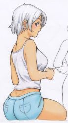  1girl artist_request bare_shoulders blush breasts denim from_behind large_breasts looking_at_viewer looking_back original red_eyes short_hair shorts silver_hair sitting sketch solo tagme thighs  rating:Questionable score:3 user:Roadkrill