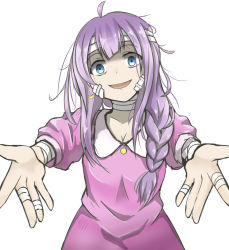 10s 1girl ahoge bandaged_head bandaged_leg bandaged_neck bandages blue_eyes braid earrings happy_sugar_life highres imori_neko jewelry long_hair looking_at_viewer open_mouth outstretched_arms pajamas purple_hair reaching reaching_towards_viewer satou&#039;s_aunt smile solo yandere rating:Sensitive score:15 user:Jazy