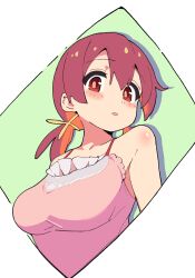  1girl bare_shoulders blush breasts bright_pupils camisole collarbone colored_inner_hair commentary hair_between_eyes highres large_breasts looking_at_viewer low_twintails multicolored_hair murosaki_miyo noyama_takenoko onii-chan_wa_oshimai! open_mouth orange_hair red_eyes red_hair simple_background solo twintails two-tone_hair upper_body  rating:Sensitive score:10 user:danbooru