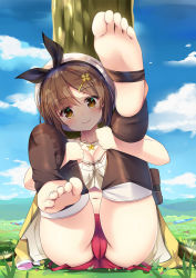 1girl ass atelier_(series) atelier_ryza atelier_ryza_1 barefoot beret blue_sky brown_eyes brown_hair brown_thighhighs cloud collarbone crop_top day feet foot_focus foreshortening grass hair_ornament hairclip hat hugging_own_legs ikazu401 jewelry legs_up looking_at_viewer micro_shorts midriff navel necklace outdoors red_shorts reisalin_stout shirt short_hair shorts sky smile soles solo stirrup_legwear thighhighs thighs toeless_legwear toes tree white_shirt rating:Sensitive score:73 user:danbooru
