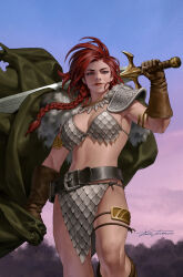  armor belt bikini_armor black_belt braid braided_ponytail breasts brown_gloves cape cleavage fur-trimmed_cape fur_trim gloves green_cape grey_eyes highres holding holding_sword holding_weapon long_hair looking_at_viewer medium_breasts outdoors over_shoulder pauldrons pelvic_curtain red_hair red_sonja red_sonja_(comics) shoulder_armor signature single_pauldron solo sword torn_cape torn_clothes weapon weapon_over_shoulder yoon_junggeun 