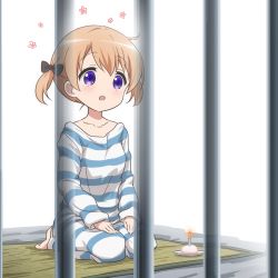  1girl cake candle food gochuumon_wa_usagi_desu_ka? hair_ornament highres hoto_cocoa looking_at_viewer open_mouth prison_cell prison_clothes purple_eyes short_hair suisei_aaru white_background  rating:Sensitive score:12 user:danbooru