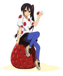 1girl absurdres alternate_hairstyle blue_pantyhose canvas_shoes food fruit full_body hair_bobbles hair_ornament highres k-on! listen!! nakano_azusa official_art oversized_object pantyhose polka_dot polka_dot_shirt shirt shoes side_ponytail simple_background solo strawberry white_background rating:Sensitive score:14 user:danbooru