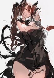  1girl animal_ears black_dress braid breasts cat_ears cat_girl cat_tail cleavage cowboy_shot dress grey_background highres kaenbyou_rin large_breasts long_hair looking_at_viewer multiple_tails open_mouth po_(anhk5528) red_eyes side_braids simple_background sketch solo tail touhou twin_braids two_tails 