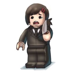  1girl absurdres black_hair black_necktie black_suit chainsaw_man commentary english_commentary formal frown hair_ornament hairclip higashiyama_kobeni highres holding holding_knife kirtome kitchen_knife knife lego multiple_moles necktie open_mouth parody ponytail solid_circle_eyes solo suit tears the_lego_group 