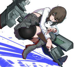  1girl ass bike_shorts bike_shorts_under_skirt blush bow_(weapon) brown_eyes brown_hair crossbow flat_chest flight_deck gegeron hair_between_eyes hakama hakama_short_skirt hakama_skirt headband headgear highres holding holding_crossbow holding_weapon japanese_clothes kantai_collection long_sleeves looking_at_viewer machinery pleated_skirt repeating_crossbow short_hair signature skirt solo taihou_(kancolle) thighhighs weapon white_background 