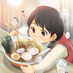 1girl black_hair blush bowl chopsticks eating food meandros noodles ramen short_hair solo source_request wancho rating:Sensitive score:19 user:danbooru