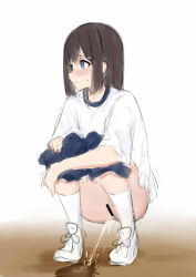  1girl blue_eyes blush brown_hair censored clothes_pull gym_uniform kanekan loli original outdoors peeing puddle pussy shorts shorts_pull solo squatting 
