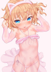 10s 1girl bikini blonde_hair blush cameltoe cleft_of_venus embarrassed flat_chest girls_und_panzer hands_in_hair katyusha_(girls_und_panzer) lingerie loli looking_at_viewer micro_panties panties parted_lips pink_panties shinovi short_hair side-tie_panties solo standing swimsuit tearing_up underwear rating:Questionable score:86 user:inspect_her_snatch_et
