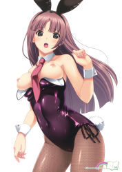  1girl :o absurdres animal_ears breasts brown_hair character_request detached_collar fake_animal_ears female_focus fingernails grey_eyes highres koutaro large_breasts latex leotard nail_polish necktie nipples open_mouth page_number pantyhose pink_nails playboy_bunny rabbit_ears rabbit_tail simple_background solo tail wardrobe_malfunction white_background wrist_cuffs  rating:Questionable score:50 user:danbooru