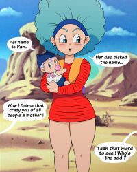  1girl afro baby blue_eyes blue_hairband blurry blurry_background blush bulma carrying cloud day desert dragon_ball dragonball_z dress embarrassed english_text feet_out_of_frame green_hair hairband highres legs looking_to_the_side open_mouth outdoors pervymarioman sky speech_bubble standing thighs vest  rating:Questionable score:10 user:Ynyswydryn
