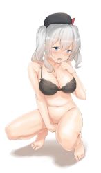10s 1girl bad_id bad_pixiv_id barefoot beret black_bra blue_eyes blush bottomless bra breasts cleavage collarbone commentary_request feet female_masturbation full_body hat kantai_collection kashima_(kancolle) large_breasts masturbation navel ochiaki open_mouth shadow silver_hair simple_background solo squatting stomach sweat twintails underwear underwear_only white_background rating:Explicit score:36 user:danbooru