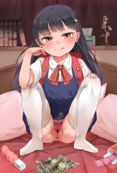 1girl :q anus anus_peek backpack bag black_hair blush brown_eyes cleft_of_venus coin collared_shirt comic_lo condom condom_box condom_packet_strip condom_wrapper covered_clitoris dildo figure hair_ornament hairclip hand_up highres implied_prostitution loli long_hair looking_at_viewer magazine_(object) mole mole_under_eye money neck_ribbon nishiuri no_shoes on_bed original panties prostitution rabbit_hair_ornament randoseru red_bag red_panties red_ribbon ribbon school_uniform sex_toy shirt short_sleeves skirt smile solo spread_legs squatting steaming_body thighhighs tissue_box tongue tongue_out underwear vibrator white_shirt white_thighhighs wing_collar rating:Explicit score:341 user:danbooru