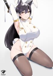  1girl absurdres animal_ears armpits arms_behind_head artist_logo artist_name atago_(azur_lane) azur_lane black_hair black_thighhighs breasts buttons closed_mouth detached_sleeves dog_ears dog_girl extra_ears fake_animal_ears gold_trim hair_behind_ear hair_between_eyes highleg highleg_leotard highres holding holding_sword holding_weapon huge_breasts kaos_art large_breasts leotard long_hair looking_at_viewer military military_uniform mole mole_under_eye patreon_username playboy_bunny rabbit_ears rabbit_girl rabbit_tail ribbon seiza simple_background sitting sleeveless smile solo sword tail thighhighs thighs uniform very_long_hair watermark weapon weapon_behind_back white_background white_leotard yellow_eyes 