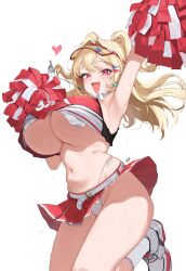  1girl :d absurdres armpits arms_up belt blonde_hair blush breasts buff_bard cheering cheerleader clay_(nikke) crop_top crop_top_overhang curvy goddess_of_victory:_nikke heart highleg highleg_panties highres holding holding_pom_poms huge_breasts jumping looking_at_viewer midair midriff miniskirt navel open_mouth panties pantyshot pink_eyes pleated_skirt pom_pom_(cheerleading) pom_poms red_skirt shoes side-tie_panties simple_background skirt sleeveless smile sneakers solo string_panties sweat thighs two_side_up underboob underwear visor_cap whistle whistle_around_neck white_background white_panties 