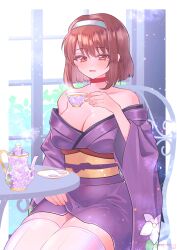  1girl artist_name breasts brown_eyes brown_hair cleavage cup hairband highres japanese_clothes kanzaki_sumire large_breasts legs looking_at_viewer no_bra open_mouth sakura_taisen sega short_hair sitting smile solo teacup thick_thighs thighs 