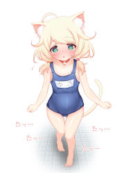 1girl ahoge animal_ear_fluff animal_ears barefoot blonde_hair blue_one-piece_swimsuit blush cat_ears cat_girl cat_tail collarbone covered_navel feet female_focus from_above full_body green_eyes highres hosizora_mikoto idolmaster idolmaster_cinderella_girls kemonomimi_mode legs loli long_hair looking_at_viewer looking_up name_tag old_school_swimsuit one-piece_swimsuit open_mouth school_swimsuit simple_background solo swimsuit tail tail_raised thigh_gap thighs tile_floor tiles toes twintails white_background yusa_kozue rating:Questionable score:39 user:danbooru