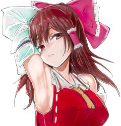  1girl armpits arms_up artist_request ascot blush bow breasts brown_hair collared_dress detached_sleeves dress frills hair_between_eyes hair_ornament hair_tubes hakurei_reimu hands_up highres long_hair long_sleeves looking_at_viewer medium_breasts red_bow red_dress simple_background solo touhou upper_body white_background wide_sleeves yellow_ascot  rating:Sensitive score:26 user:Kazama_Rin