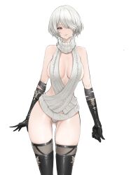  1girl 2b_(nier:automata) bare_shoulders black_gloves black_thighhighs breasts commentary dishwasher1910 gloves gluteal_fold grey_eyes grey_hair highres large_breasts looking_at_viewer meme_attire mole mole_under_mouth nier:automata nier_(series) short_hair simple_background solo standing sweater symbol-only_commentary thighhighs thighs turtleneck turtleneck_sweater white_background white_sweater 