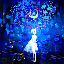  1girl abstract album_cover barefoot blue_theme blush candle cover highres holding lace-trimmed_sleeves lace_trim original quatrefoil see-through_silhouette short_sleeves solo stained_glass standing yoshida_yoshitsugi 