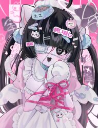  1girl :3 :d angel_wings animal_ear_fluff animal_ears apron bandages bandaid bell birthmark black_eyes black_hair blood blood_on_face bloody_bandages blush bowl cat_ears cat_girl cat_tail eyepatch fish_bone gloves hair_ornament hairclip halo heart heart-shaped_pupils highres long_hair looking_at_viewer maid_apron noose open_mouth original pawpads pet_bowl pink_background pink_halo pink_ribbon puffy_short_sleeves puffy_sleeves ribbon safety_pin self-harm_scar short_sleeves smile solo_focus stuffed_animal stuffed_cat stuffed_rabbit stuffed_toy symbol-shaped_pupils tail twintails wata_meuko white_gloves wings yami_kawaii 