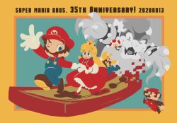 1girl 4boys alternate_color anniversary blank_eyes blonde_hair blue_eyes blue_overalls border bowser brown_footwear claws copyright_name crown dated earrings facial_hair famicom game_console gloves holding_hands jewelry luigi mario mario_(series) multiple_boys mustache nintendo one_eye_closed open_mouth overalls pixels princess_peach puffy_short_sleeves puffy_sleeves running short_sleeves super_mario_bros._1 toad_(mario) ukata white_gloves yellow_border