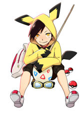  1boy animal_hood backpack bag black_hair black_shorts commentary cosplay creatures_(company) egg english_commentary ethan_(pokemon) full_body game_freak gen_2_pokemon goggles grin highres hood hood_up hoodie long_sleeves looking_at_viewer male_focus nintendo pichu pichu_(cosplay) poke_ball poke_ball_(basic) pokemon pokemon_adventures pokemon_ears pokemon_egg pokemon_tail rohi_(luzi) shoes shorts simple_background sitting smile sneakers solo stick tail togepi togepi_egg yellow_eyes yellow_hoodie 