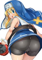 1boy arc_system_works artist_request ass bike_shorts blonde_hair blue_eyes blush bridget_(guilty_gear) bulge from_behind guilty_gear habit highres long_hair looking_at_viewer male_focus nun open_mouth shiny_clothes shota solo sweat trap yo-yo rating:Questionable score:64 user:armorcrystal