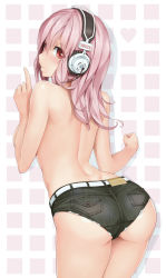  1girl ass bad_id bad_pixiv_id belt blush breasts character_name cutoffs denim denim_shorts dimples_of_venus from_behind headphones heart highres long_hair looking_back medium_breasts nitroplus pink_hair red_eyes short_shorts shorts simple_background solo super_sonico topless white_background zzzalam 