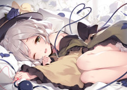 1girl ;d backlighting bare_shoulders bed_sheet black_bow black_frills black_hat bloomers blue_flower blue_rose bow clenched_hand eyeball eyelashes feet_out_of_frame fetal_position flower frilled_sleeves frills furrowed_brow green_eyes hand_up hat hat_bow hat_flower heart heart_of_string highres hugging_object ke-ta komeiji_koishi legs_together long_sleeves looking_at_viewer lying messy_hair off_shoulder on_bed on_side one_eye_closed open_mouth petals pillow pillow_hug rose rose_petals round_teeth short_hair silver_hair smile solo string string_around_finger string_of_fate swept_bangs tareme teeth third_eye thread touhou underwear upper_teeth_only white_bloomers wide_sleeves yellow_bow rating:Sensitive score:22 user:danbooru