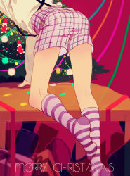 10s 1boy _canto alternate_costume arm_support ass bad_id bad_pixiv_id bent_over blue_ribbon box christmas christmas_ornaments christmas_tree gift gift_box green_ribbon head_out_of_frame kneehighs long_sleeves male_focus matsuno_ichimatsu merry_christmas no_shoes on_one_knee orange_ribbon osomatsu-kun osomatsu-san osomatsu_(series) pink_ribbon plaid plaid_shorts red_ribbon ribbon shirt shorts socks solo standing strap_gap striped_clothes striped_socks suspender_shorts suspenders table white_shirt