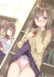 2girls blazer blue_eyes book book_stack bookshelf breasts brown_hair closed_mouth clothes_lift commentary dutch_angle embarrassed exhibitionism green_eyes highres indoors jacket library lifted_by_self looking_at_viewer maigoyaki medium_breasts miniskirt multiple_girls open_book original panties pink_panties pleated_skirt public_indecency pussy_juice reading school_uniform skirt skirt_lift standing symbol-only_commentary tears thighs underwear wet wet_clothes wet_panties rating:Explicit score:48 user:spiderfan