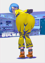  1girl ass ass_focus bent_over blue_eyes blue_hair bulma closed_mouth dragon_ball dragon_ball_super dragon_ball_super_super_hero hand_on_own_hip hands_on_own_knees highres huge_ass jumpsuit laboratory long_sleeves looking_at_viewer looking_back namaniku_atk one_eye_closed pants pantylines shirt shoes short_hair short_sleeves smile socks solo standing test_tube vial wide_hips  rating:Sensitive score:93 user:danbooru