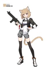  1girl animal_ears barcode black_jacket blonde_hair breasts cat_ears cat_girl cat_tail collared_shirt comiket_102 deel_(rkeg) fingerless_gloves full_body gloves grey_gloves grey_shorts grin gun hand_on_own_hip highres holding holding_gun holding_weapon jacket lisa_(deel) looking_at_viewer medium_hair original red_eyes rifle shirt shirt_partially_tucked_in shorts simple_background small_breasts smile solo tail thighhighs weapon white_background white_shirt 