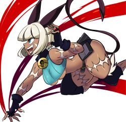  1girl belt_pouch bob_cut breasts cat_girl claws collar crop_top dark-skinned_female dark_skin detached_leggings fangs fingerless_gloves from_side gloves large_breasts missandydandy ms._fortune_(skullgirls) neck_bell open_mouth pouch scar short_hair skullgirls solo thick_thighs thighs underboob white_background white_hair 