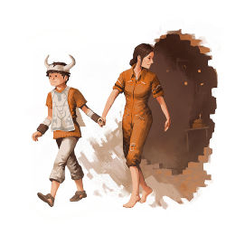  ._. 1boy 1girl barefoot brown_hair cake chell commentary crossover food hetero holding_hands horns ico ico_(character) jumpsuit junkboy orange_jumpsuit parody pastry ponytail portal_(series) portal_1 revision sleeves_rolled_up tabard traditional_media 