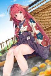  1girl :d animal_ears bamboo_fence blue_sky cloud commentary_request commission day fence floral_print food fox_ears fruit highres japanese_clothes kimono kurogane_tekki onsen open_mouth orange_(fruit) original print_kimono red_eyes red_hair sitting skeb_commission sky smile soaking_feet solo steam teeth tongue upper_teeth_only water 