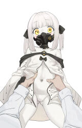  1boy 1girl absurdres black_bow blue_archive blush bodysuit bow covered_navel douyadoya ein_(blue_archive) gluteal_fold groin hair_bow hands_on_another&#039;s_hips highres holding_another&#039;s_wrist loli mask mismatched_pupils mouth_mask off_shoulder pale_skin simple_background skin_tight solo_focus spread_navel stomach symbol-shaped_pupils twintails white_background white_bodysuit white_hair x-shaped_pupils  rating:Questionable score:57 user:danbooru