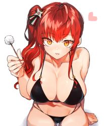 1girl :d ahoge arm_support azur_lane bad_id bad_pixiv_id bare_arms bare_shoulders bikini black_bikini blush breasts collarbone commentary_request groin hair_between_eyes hair_ornament hand_up heart holding large_breasts long_hair looking_at_viewer mimikaki navel open_mouth red_hair side_ponytail sidelocks simple_background sitting smile solo stomach suminagashi swimsuit white_background yellow_eyes zara_(azur_lane) zara_(poolside_coincidence)_(azur_lane) rating:Sensitive score:25 user:danbooru